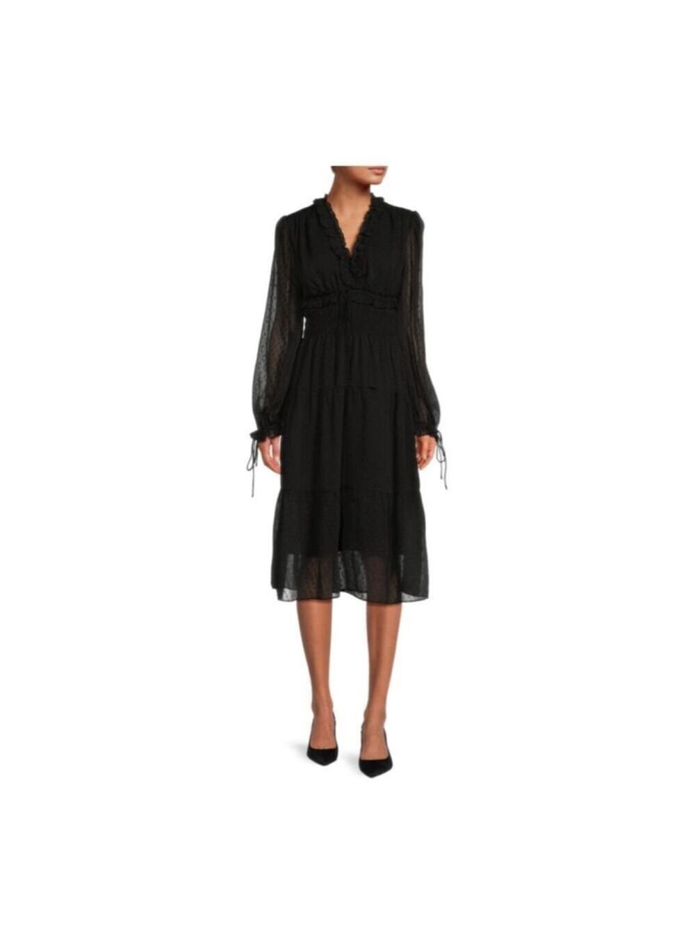 Women's Stellah Black Long Sleeve Tiered Midi Dress S